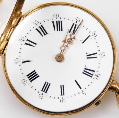 A late 19thC 18ct gold cased lady's pocket watch, open faced, keyless wind, circular enamel dial bearing Roman and Arabic numerals, the 18ct cuvette engraved number 32935, Remontoir, Nardin Geneve, Cylindre ten rubis, the case back engraved centrally with - 2