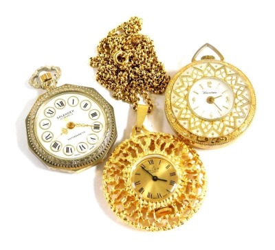 A Buler gold plated pendant watch, on a belcher link neck chain, together with a Lucerne pendant watch, and a Splendex lady's pocket watch. (3)