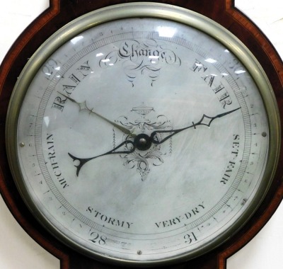 A Georgian mahogany wheel barometer, by J Smith, 15 Palace Row, New Road London, with a silvered dial, dry damp dial, and thermometer, the case with satinwood cross banding, 109cm high. - 2