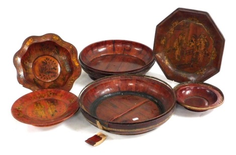 A group of Chinese wooden and red lacquered dishes and bowls. (a quantity)