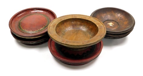 A group of Chinese wooden and red lacquered bowls and dishes. (a quantity)