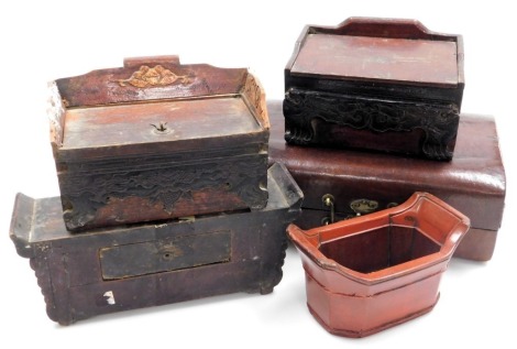 Four Chinese wooden and lacquered food containers, together with a Chinese case. (5)