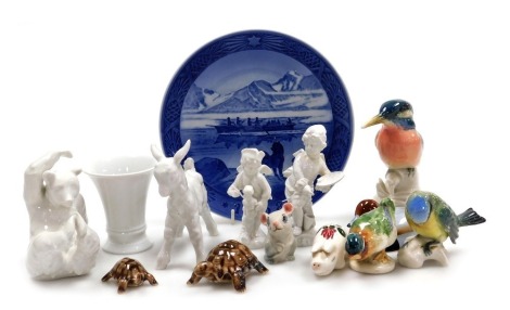 A group of ceramics, including a Karl Ens figure of a kingfisher, Schaubach white glazed figure of a lamb, further white glazed figures, Royal Copenhagen porcelain plate 1968, Wade tortoises, etc. (a quantity)