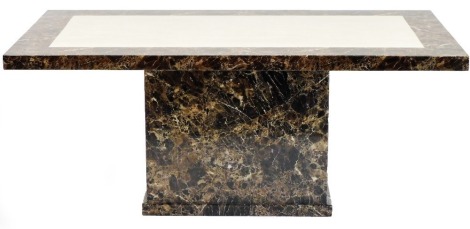 A Continental faux marble laminate single pedestal dining table, with a rectangular top, raised on a rectangular pedestal, and plinth base, 76cm high x 180cm wide x 100cm deep.