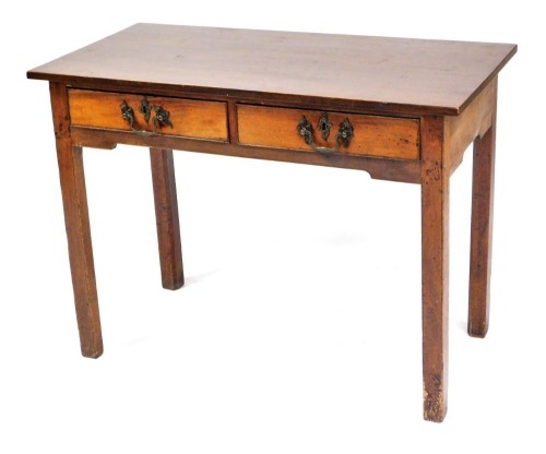 A George III mahogany side table, with two frieze drawers, raised on square legs, 76cm high, 103cm wide, 51cm deep.