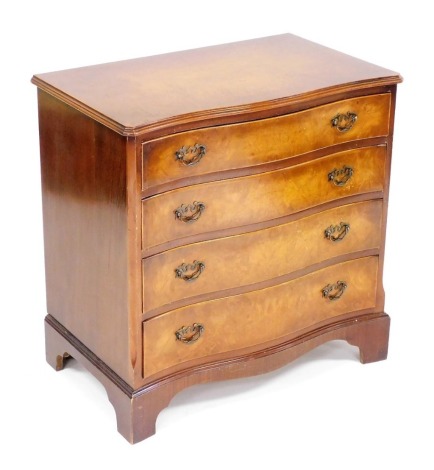 A Georgian reproduction serpentine burr walnut chest, of four long graduated drawers, raised on bracket feet, 77cm high, 77cm wide, 45.5cm deep.