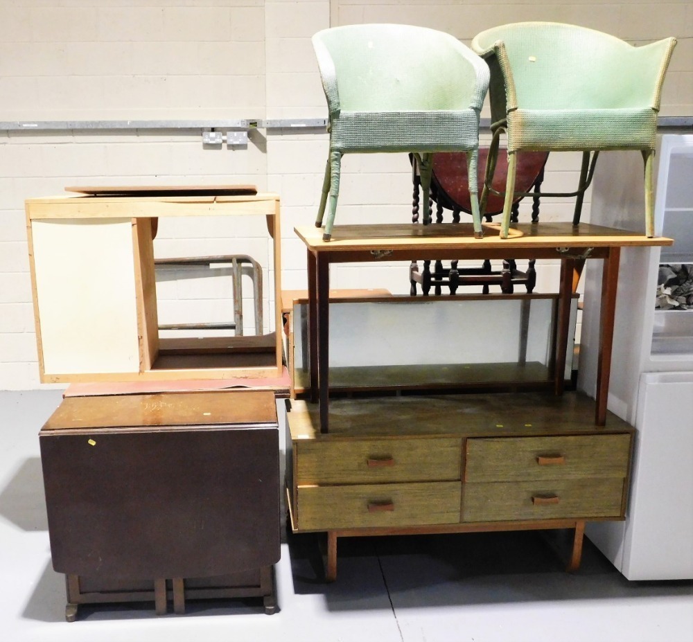 A group of furniture, to include two Lloyd Loom style tub chairs