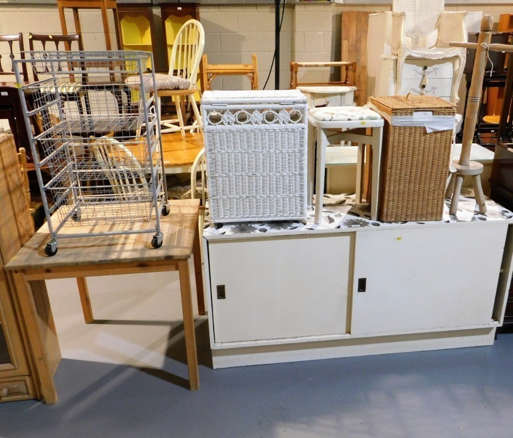 A group of furniture, to include a set of kitchen shelves, wire racking