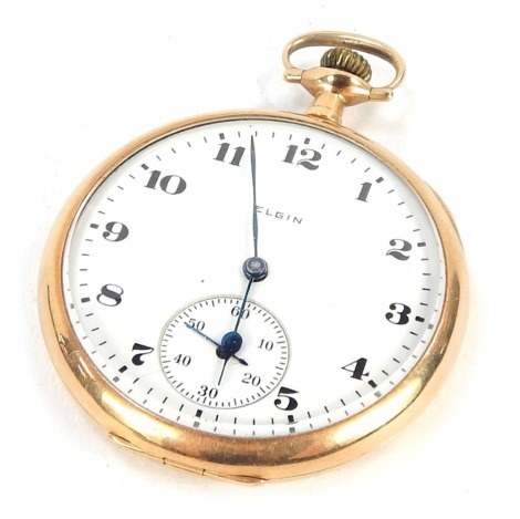 An Elgin gold cased open pocket watch, the circular enamel dial bearing Arabic numerals, subsidiary seconds, movement numbered 21268239, case marked 14k Dueber 10252474, 52.6g all in.