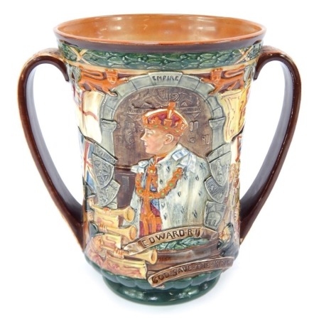 A Royal Doulton pottery relief moulded loving cup, to commemorate the reign of Edward VIII, limited edition number 542/2000, printed marks, 26cm high.