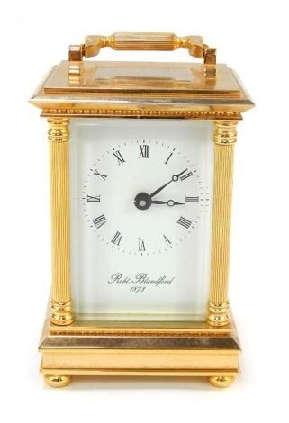 A 20thC brass cased carriage clock, with white enamel Roman numeric dial marked Robert Blandford 1873, single barrel movement, the case of conventional form with column supports, the case 12cm high.