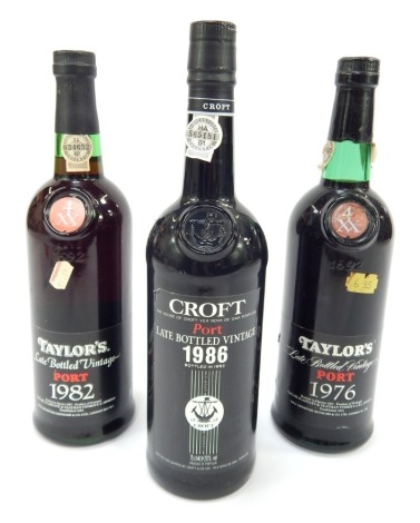 Three bottles of vintage Port, comprising Taylor's 1976, Taylor's 1982, and Croft 1986.