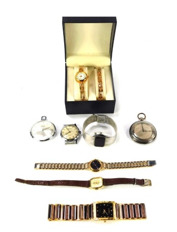 A group of wristwatches, including a Radid wristwatch, silver plated and enamel pocket watch, Oris plated pocket watch, Philip Mercer wristwatch set, etc. (a quantity)