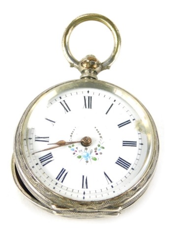 A George V silver fob watch, the white enamel Roman numeric dial, with blue flowers and gold hands, with a vacant cartouche, key wind, white metal stamped 800, 39.1g all in.