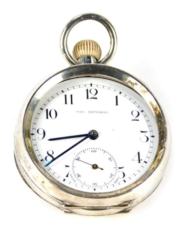 A silver pocket watch, with white enamel numeric dial with seconds dial, with blue hands, marked The Imperial, bezel wind, white metal stamped 935, 88.7g all in. (AF)