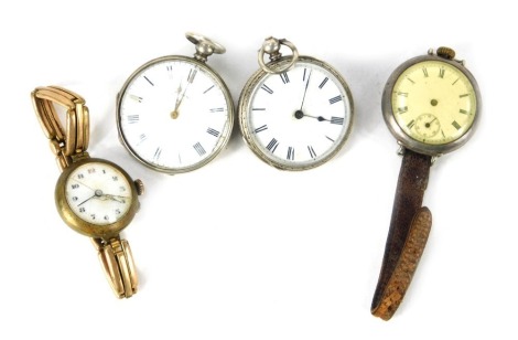 Two George V silver fob watches, each with a floral embossed case, one with vacant cartouche, with white enamel Roman numeric dials, one with blue and one with gold handles (AF), an Alan Dixon silver wristwatch head on leather strap, and a gold plated 192