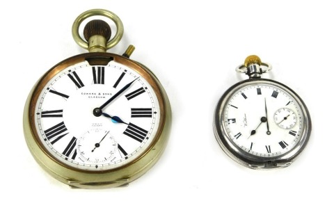 A George V silver Waltham pocket watch, with white enamel Roman numeric dial, lacking outer casing, maker ALD Birmingham, 104.1g all in. (AF), and an Edward and Sons of Glasgow Goliath stainless steel cased watch, with white enamel Roman numeric dial, se