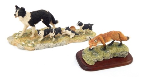 Two Border Fine Arts figure groups, comprising Wait For Me, 20th Anniversary Society figurine, SOC6, depicting dog and pups, 23cm wide, and a Border Fine Arts Fox, M21, 11cm wide, (AF). (2)