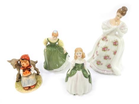 Three Royal Doulton porcelain figures, modelled as Summer Rose HN3309, Fair Maiden HN2211, Penny HN2338, together with a Goebel figure group modelled as a young girl seated with lamb. (4)