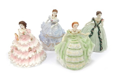 Four Royal Worcester porcelain figures from the Debutantes series, comprising Lady Emma, Lady Sophie, Lady Hannah, and Lady Caroline, each 13cm high.