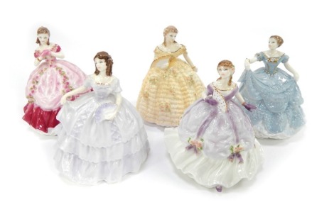 Five Royal Worcester porcelain figures from the Debutantes series, comprising Lady Louisa, Lady Henrietta, Lady Sarah, Lady Cicely, and Lady Elizabeth, each 13cm high.