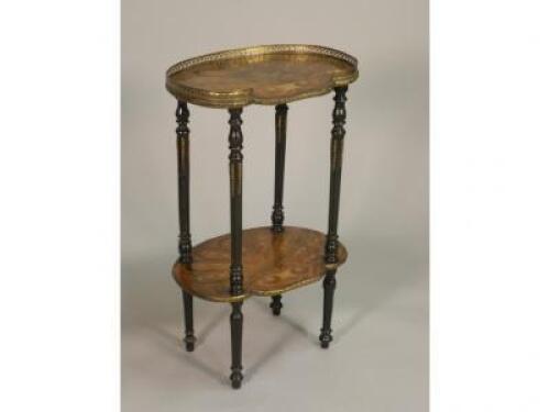 A Continental and walnut marquetry two tier what-not with a raised gallery