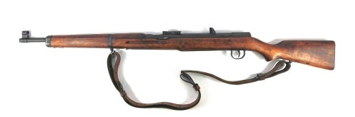 An Anschutz Hakim German made Egyptian army air rifle, with Arabic writing, skull on wooden stock, with leather carry handle, 114cm long.