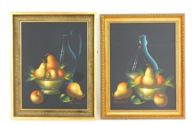 De Mazia. Still life depicting water jug and fruit, oil on canvas, signed, 42cm x 30cm, and another similar. (2)