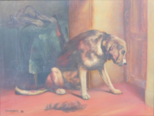 J V Chambers After Edwin Landseer. Suspense, oil on board, signed and dated '77, 40cm x 51cm.