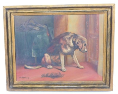 J V Chambers After Edwin Landseer. Suspense, oil on board, signed and dated '77, 40cm x 51cm. - 2