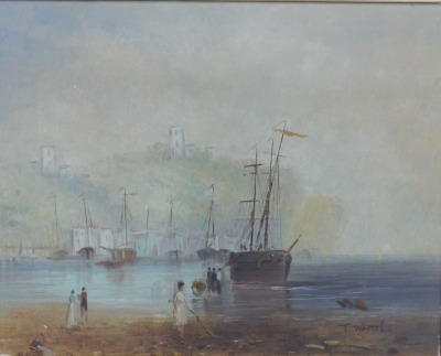 T Weddel (20thC School). Harbour scene depicting figures, fishing boats, oil on canvas, signed, 41cm x 50cm.