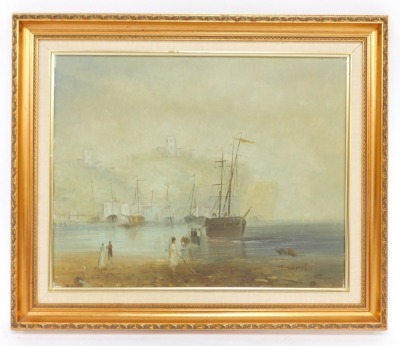 T Weddel (20thC School). Harbour scene depicting figures, fishing boats, oil on canvas, signed, 41cm x 50cm. - 2