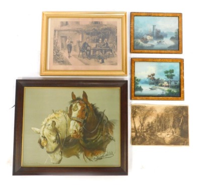 A group of pictures, prints, etc, to include After Lucy Kemp-Welch. And Days at the Moor, print, 46cm x 60cm, After Sadler. Old and Crusted, print, two Oriental watercolours studies, etc. (a quantity)