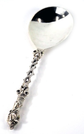 A Victorian Mappin & Webb silver apostle spoon, depicting religious figure reading, on twist serpent type stem, stamped JNM, London 1893, 2.86oz.