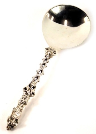 A Victorian Mappin & Webb silver apostle spoon, depicting religious figure reading, on twist serpent type stem, stamped JNM, London 1893, 2.86oz.