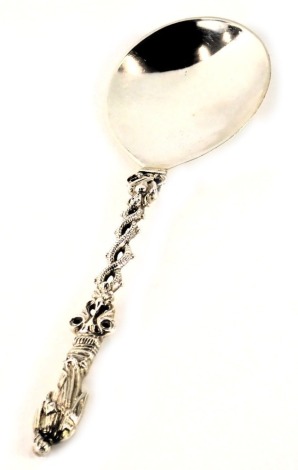 A Victorian Mappin & Webb silver apostle spoon, depicting gentleman carrying shovel, on twist serpent type stem, stamped JNM, London 1893, 2.86oz.