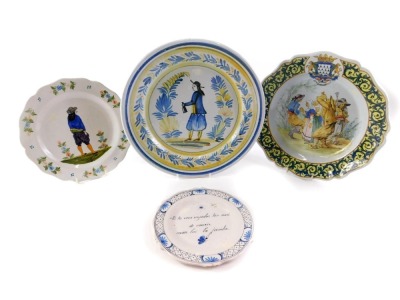 Four French faience cabinet plates and chargers, comprising an early 19thC Quimper plate, decorated with a gentleman, signed, 25cm diameter, a early 19thC Faience cabinet plate inscribed SI TU VEUX EMPEETIER, 20cm diameter, a 19thC Porquier Beau Bretonn