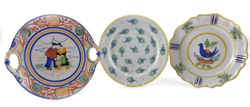 Three French faience cabinet plates, comprising a 19thC Leroy Dubois Malicorne cabinet plate, signed D and numbered 4-9, 29cm diameter, a 19thC Faience plate, unmarked possibly for Porquier or HB, with blue floral sprays, 27cm diameter, and a H B Quimper