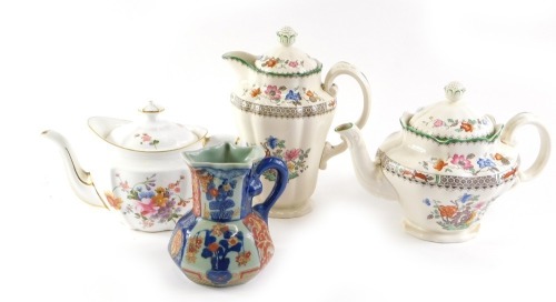 A Copeland Chinese Rose pattern coffee pot, a teapot, a Royal Crown Derby  posies teapot, and