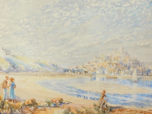 20thC School. Beach scene depicting figures and coastal town to background, watercolour, unsigned, 24cm x 34cm.