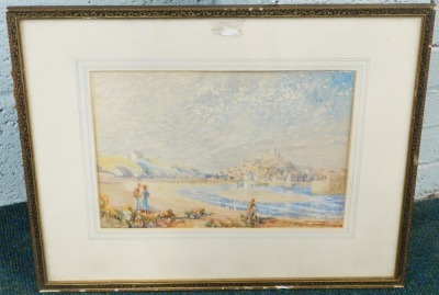 20thC School. Beach scene depicting figures and coastal town to background, watercolour, unsigned, 24cm x 34cm. - 2