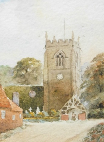 J.H. Robson (20thC). Figure before church and another, watercolour, a pair, signed, 13cm x 9cm.