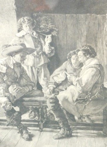 Louis Ruet Meissoneir (b.1867). Interior tavern scene etching, watermarked and signed in pencil, 29cm x 21cm.