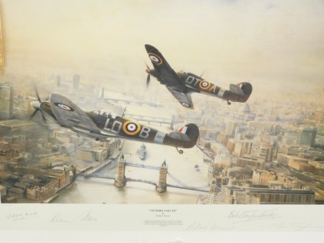 Robert Taylor. Victory Salute, artist signed limited edition print, also signed by Geoffrey Quill, Roland Beaumont, Bob Stanford-Tuck etc., No. 305/500, 38cm x 53cm.