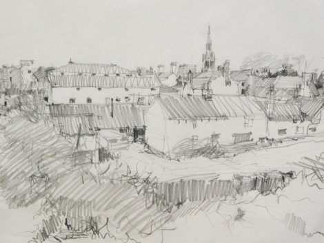 Walter Cockcroft. Millgate - Newark-on-Trent, pencil drawing, signed, titled and dated November 1982, 28cm x 41cm. Label verso City of Nottingham Castle Museum - Local Artists Exhibition.