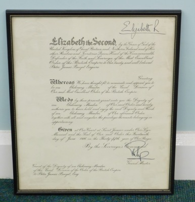 A framed Grant of the Dignity of an Ordinary Member of the Civil Division of the Order of the British Empire, (OBE) to Peter James Baizot, Esquire, bearing signature of Elizabeth II, 38cm x 32cm. - 2