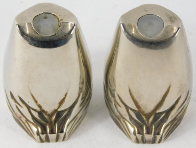 Two novelty silver plated owl salt and pepper pots, each with applied blue glass eye, 5cm high. - 2