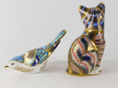 Two Royal Crown Derby paperweights, comprising a seated tabby cat, with silvered stopper, 13cm high, and a Mountain Bluebird, with silvered stopper, 13cm wide. (2) - 2