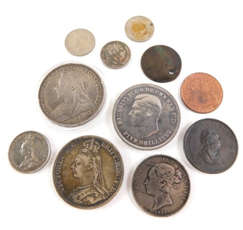 A group of collectors coins, comprising a Queen Victoria 1897 five pound silver coin, a five pound silver Queen Victoria 1890, a silver George VI five shilling coin dated 1951, a Victoria Britannia 1881 crown, pennies, half pennies, three pence piece, six