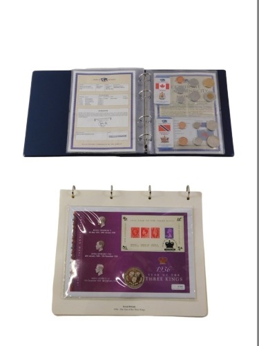 Coin and first day cover collectors packs, to include 1936 year of the three kings, Trafalgar bi-centenary stamp and cover collection, Lord Nelson, and others, navy ships and an album containing the money of the world for United Kingdom, United States of